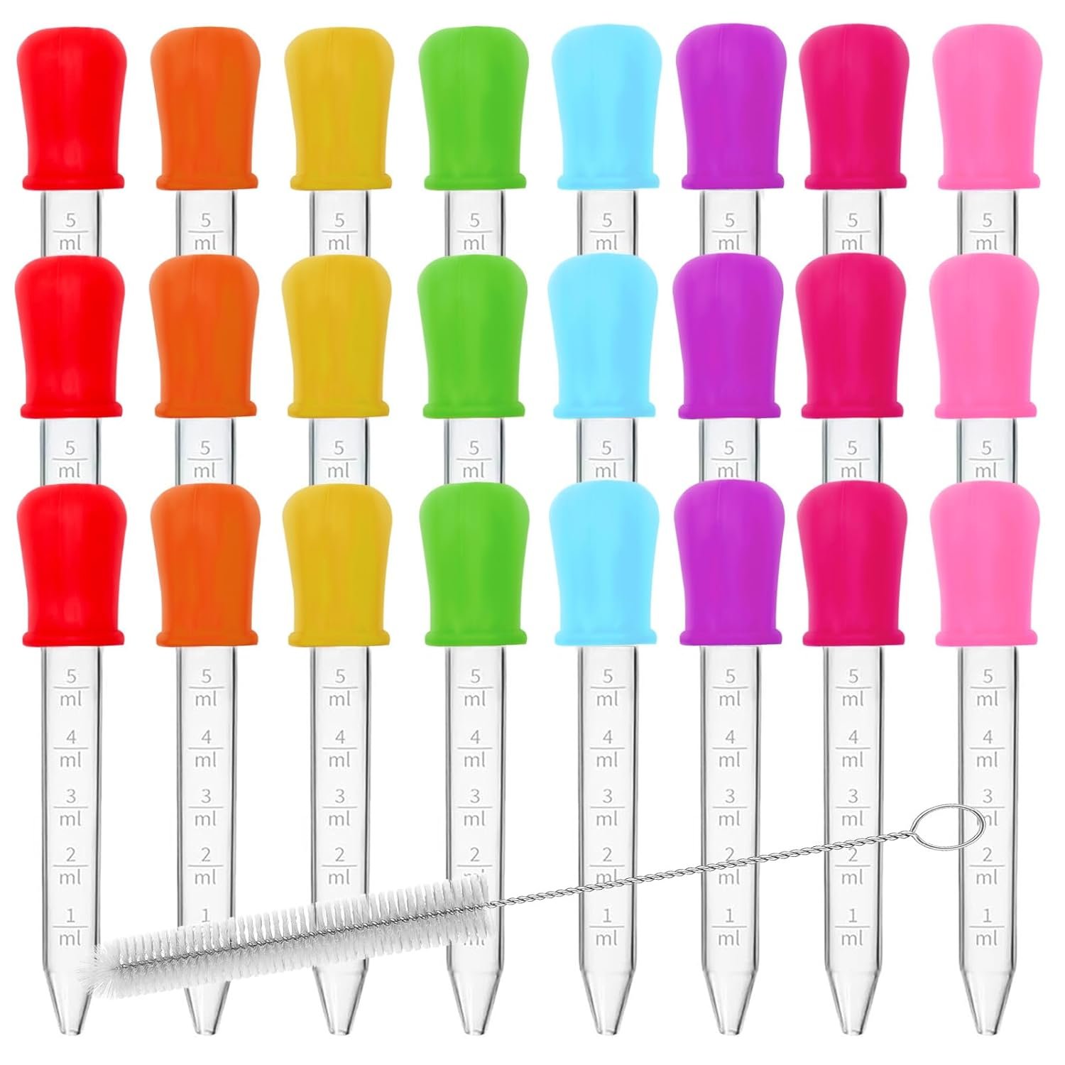 24 Pack Liquid Droppers with a Clean Brush, 5ML 8 Colors Silicone and Plastic Pipettes with Bulb Tip, Medicine Eye Dropper for Kids Crafts/Candy Mold/Gummy Bear Maker/Oil