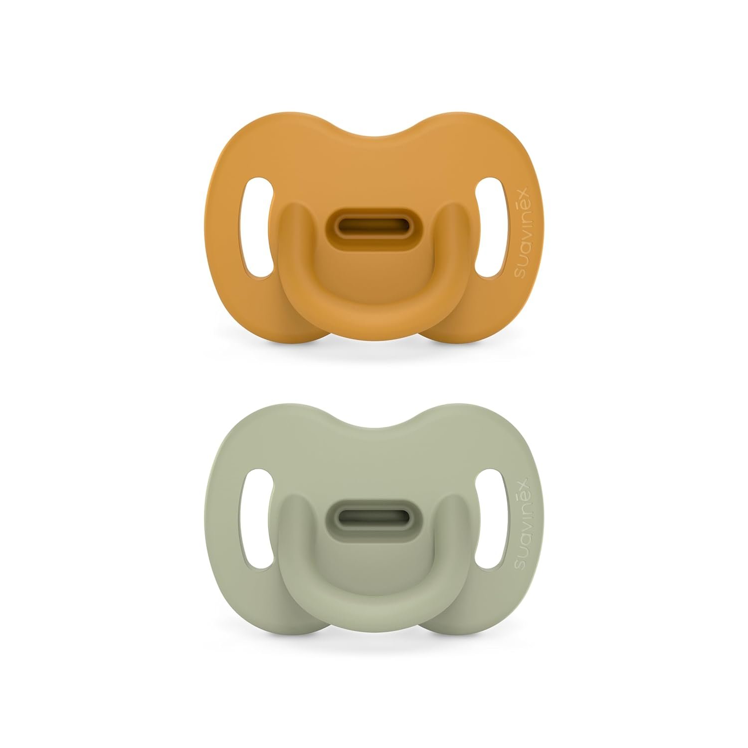Color Essence SX PRO Silicone Baby Pacifier 2Pk, Made with 100% Soft Silicone, Baby Essentials Perfect for Breastfeeding Babies, Designed in Spain, 0-6 Mths, Mustard/Green