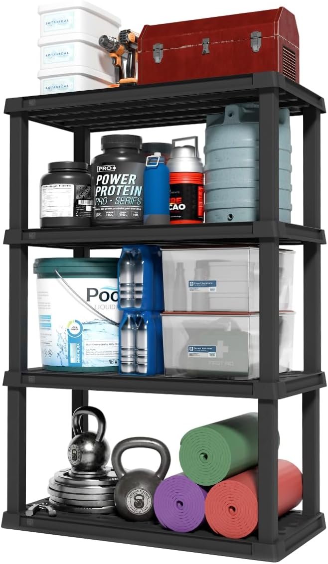 IRIS USA 4-Shelf Heavy Duty Plastic Storage Shelves, 600lb Capacity, 56″ H x 36″ W x 18″ D, Large Modular Shelving Unit Storage Organizer for Garage, Home, Warehouse & Gym, Storage Rack – Black