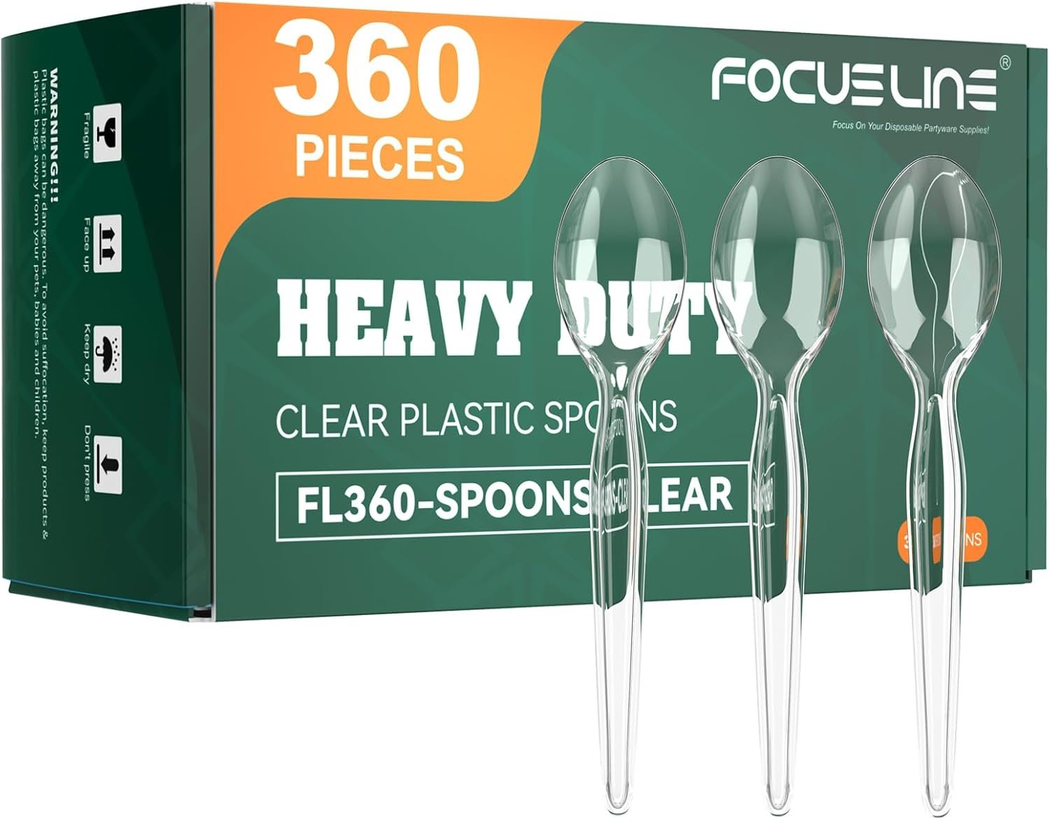 FOCUSLINE 360 Count 6.2 Inch Clear Plastic Spoons Heavy Duty, Solid and Durable Premium Disposable Spoons Bulk, Suitable for Catering, Parties, Events and Everyday Use