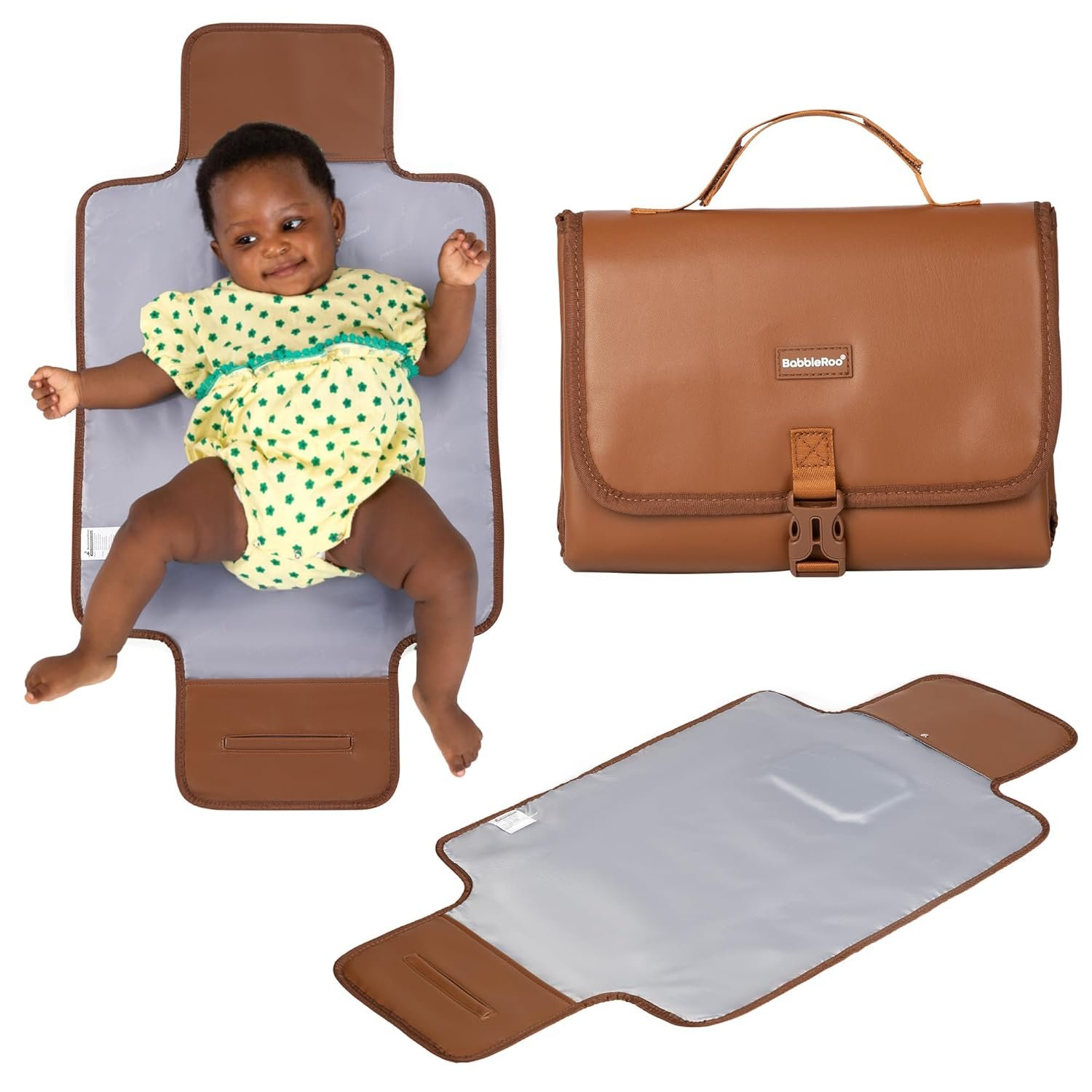BabbleRoo Baby Changing Pad – Comfortable Portable Changing Pad, Compact, Fits in Any Diaper Bag – Lightweight and Soft with Cute Designs, Convenient Pockets, Extra Head Support – Brown