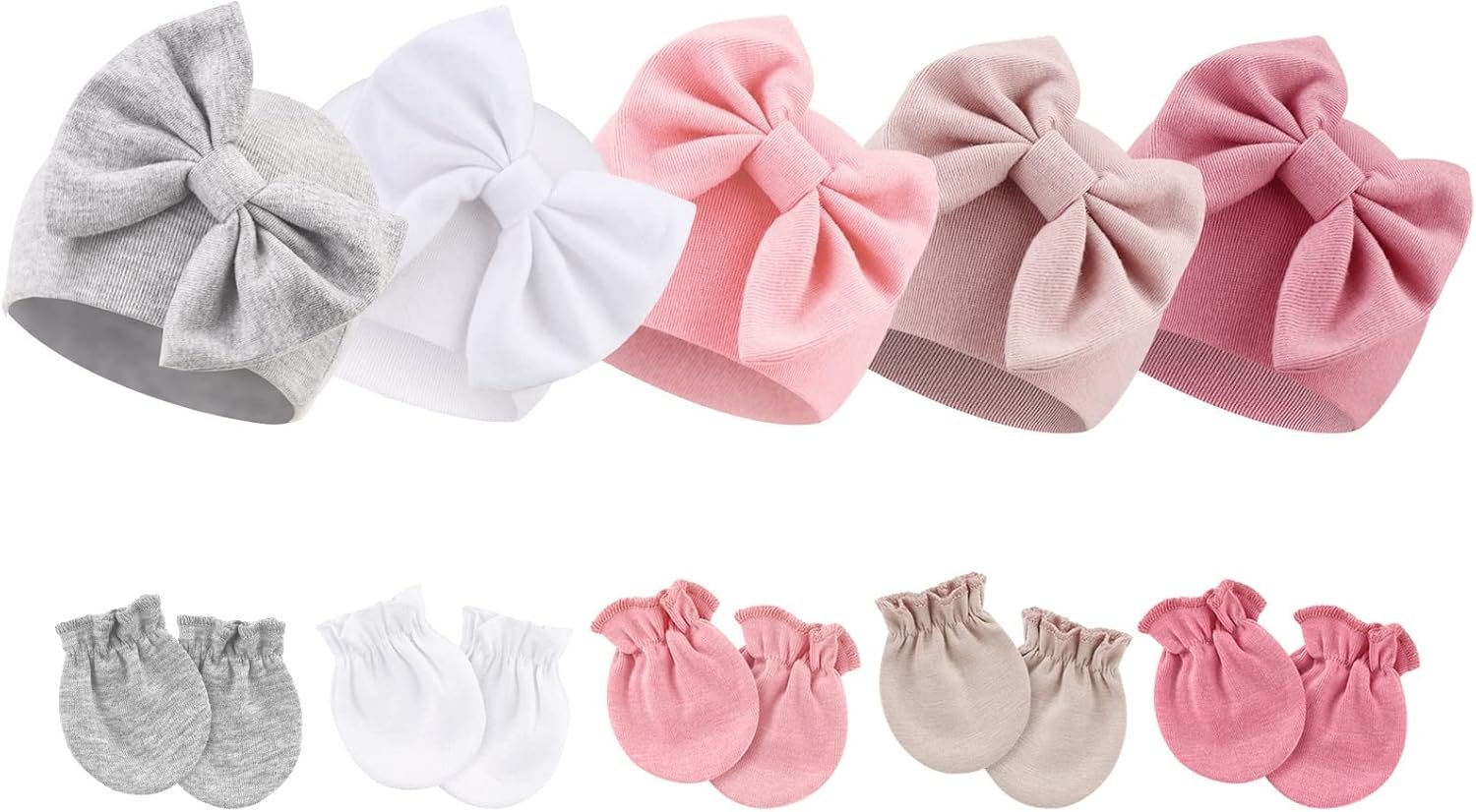 BQUBO Newborn Baby Girls Hats Mittens Set Hospital Hat Beanie Infant Bow Hats Baby Cotton Gloves for 0-6 Months