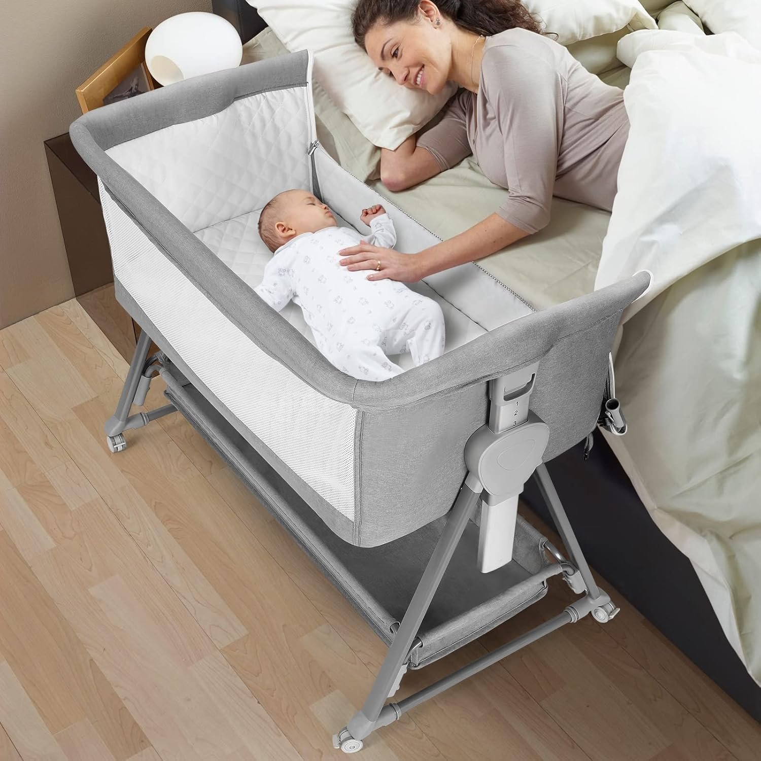 Cowiewie Bassinet Bedside Sleeper, Baby Bassinet with 7 Adjustable Height, Bedside Bassinet for Baby with Storage, Breathable Mesh & Mattress, Portable Bassinet Easy Folding (Pyramid Light Gray)