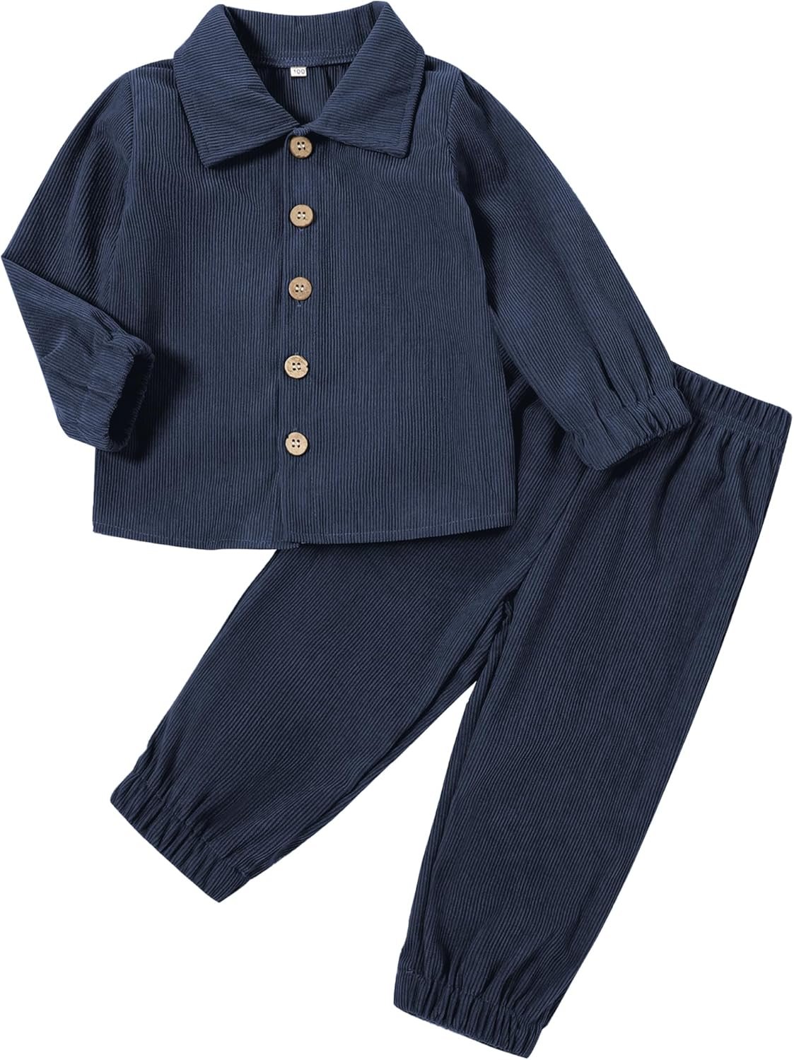 U·nikaka Toddler Outfits for Boys Lapel Button Long Sleeve 2 Piece Fall Winter Toddler Boys Clothes Pant Sets